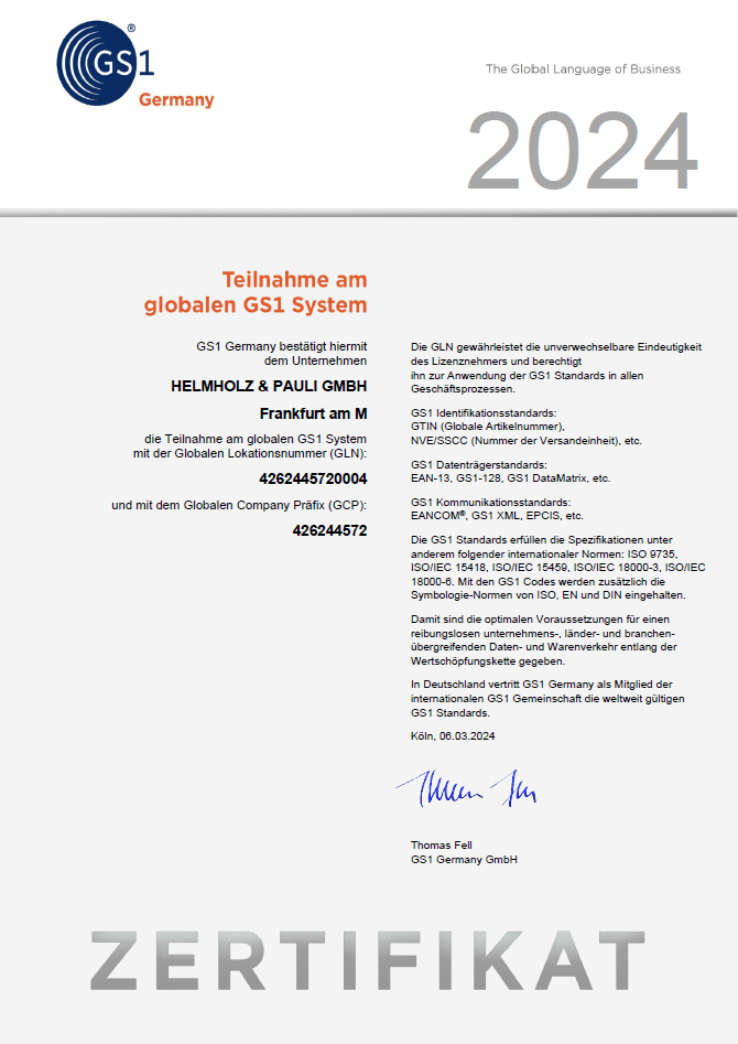 GS1-Zertifikat der Helmholz & Pauli GmbH