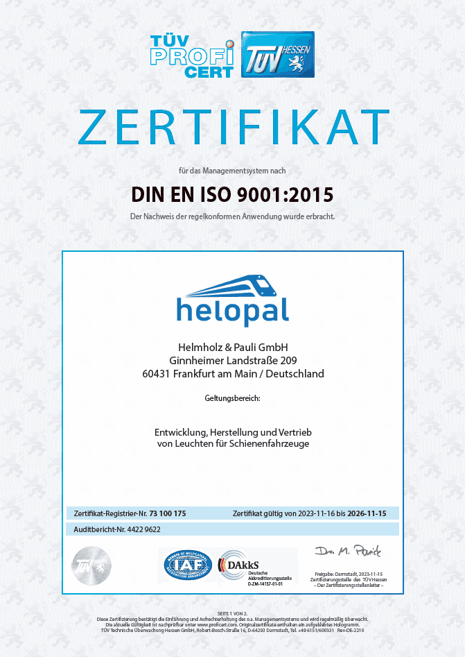Zertifikat ISO 9001 der Helmholz & Pauli GmbH