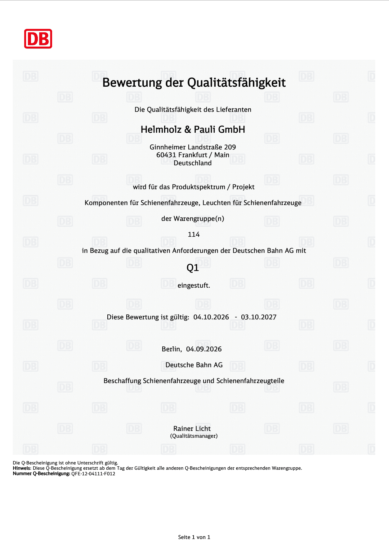 Q-Bescheinigung der Deutschen Bahn für die Helmholz & Pauli GmbH