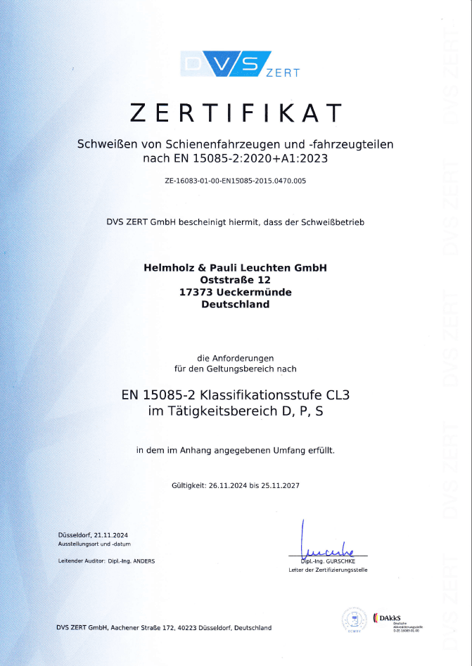 Schweisserzertifikat CL3 + S der Helmholz & Pauli GmbH