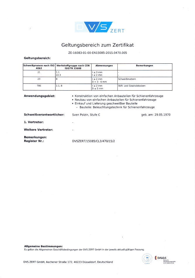 Geltungsbereich des Schweisserzertifikats CL3 + S